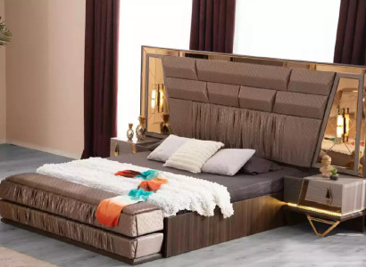 Bedroom Group Bed Set 3pcs Double bed Beige Fabric Bedside tables